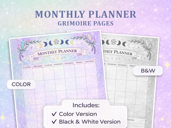 Monthly Planner Grimoire Page | Witchy Pastel Calendar Insert